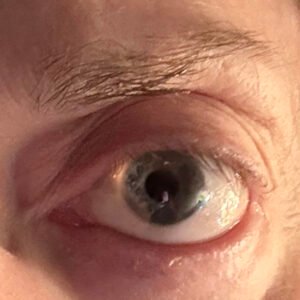 Mistress Kylie Carter's Eye, Eyebrow, and area surrounding the eye which she is showing as a way of introducing herself. The eye is grey.